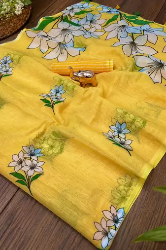 Yellow colour leaf digital printed linen cotton saree with jhalar