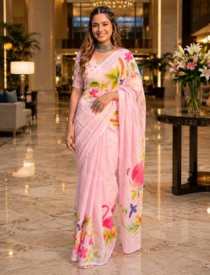 Pink colour leaf digital printed linen cotton saree 1