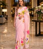 Pink colour leaf digital printed linen cotton saree