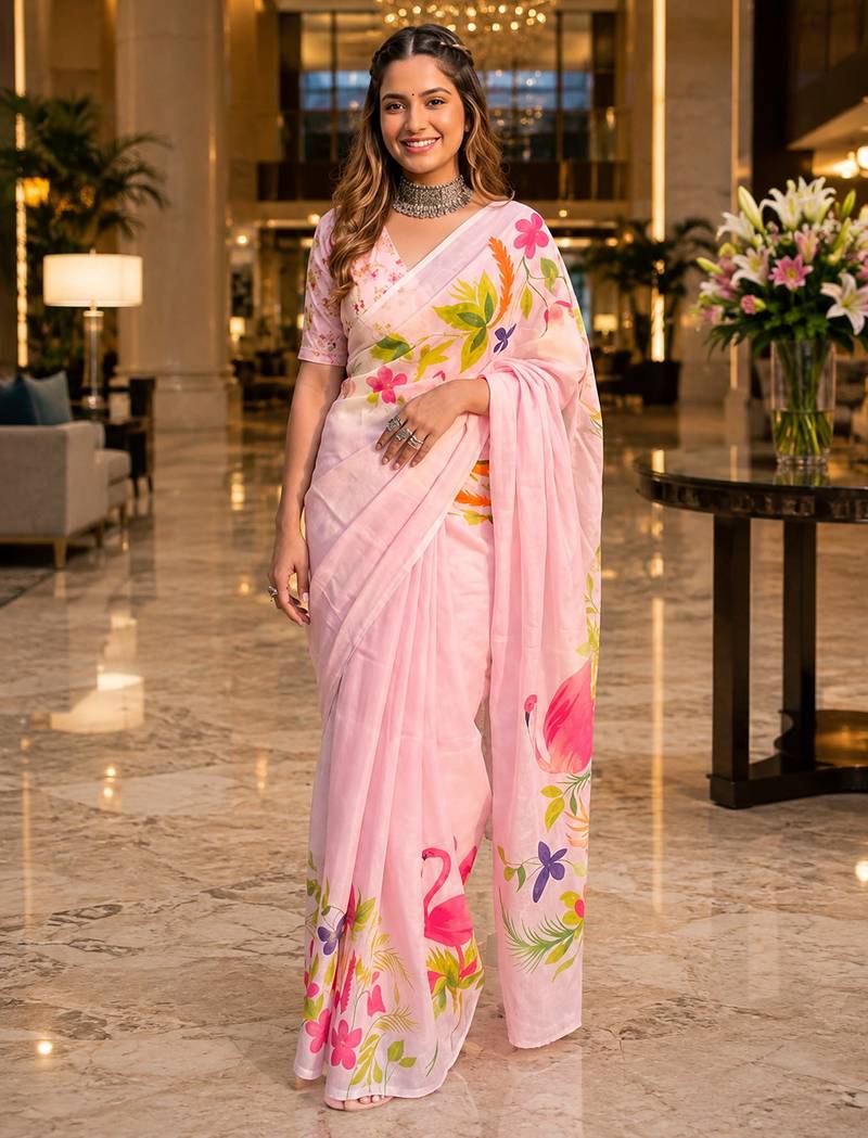 Pink colour leaf digital printed linen cotton saree