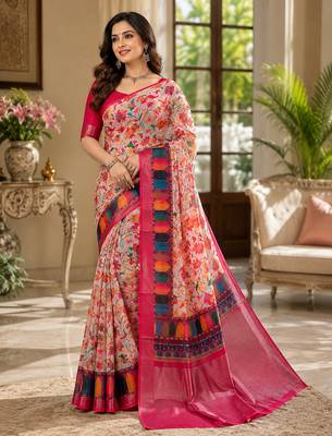 Multicolour colour leaf digital printed linen cotton saree 1