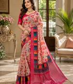 Multicolour colour leaf digital printed linen cotton saree