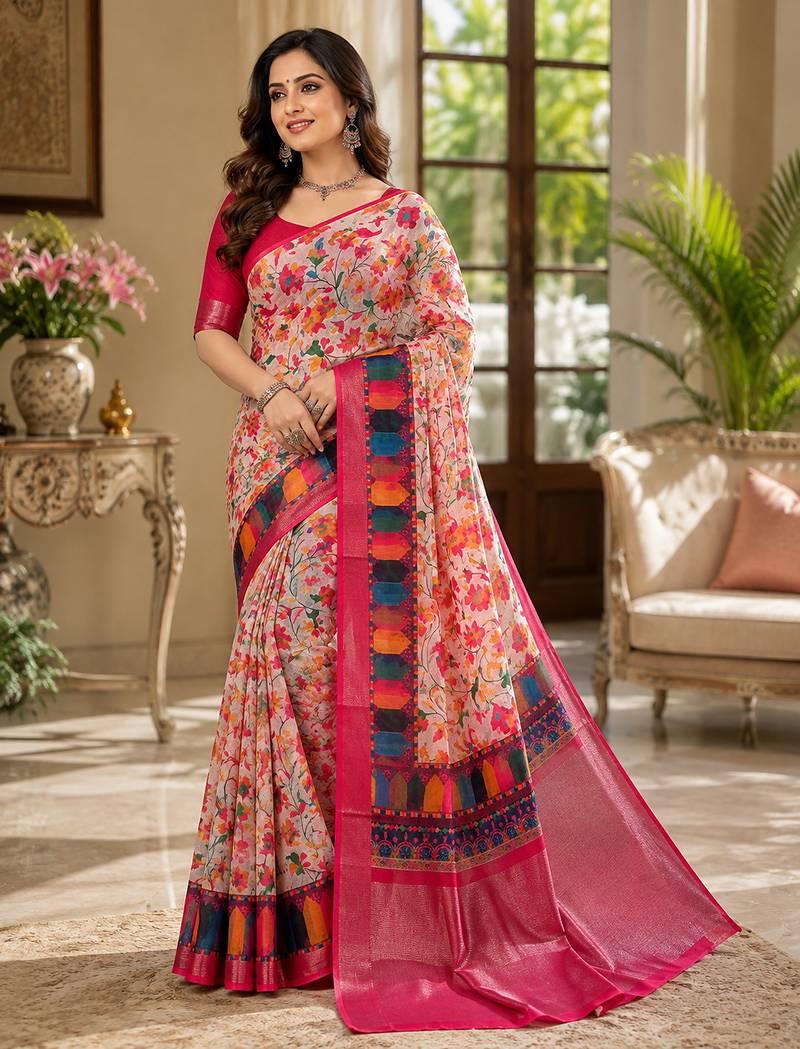 Multicolour colour leaf digital printed linen cotton saree