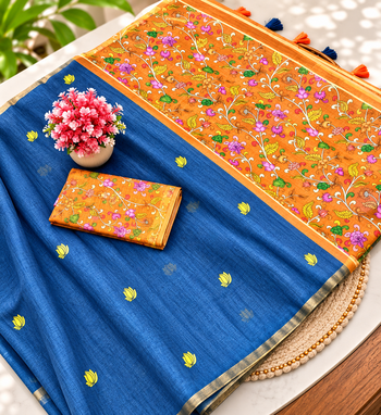 Blue colour leaf digital printed linen cotton saree with jhalar 4