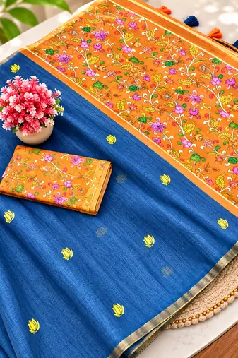 Blue colour leaf digital printed linen cotton saree with jhalar