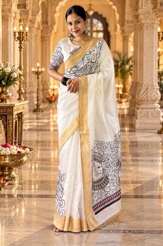 White colour leaf digital printed linen cotton saree