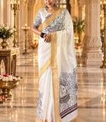 White colour leaf digital printed linen cotton saree