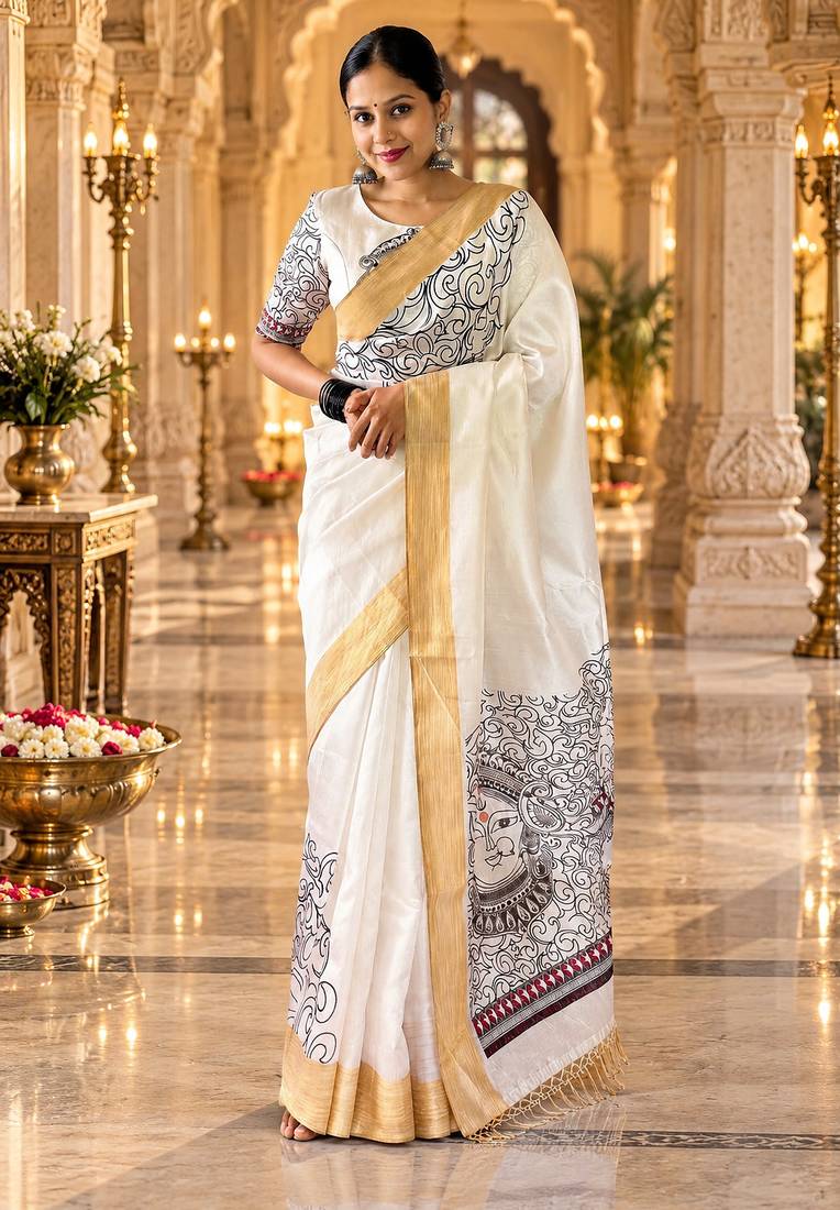White colour leaf digital printed linen cotton saree
