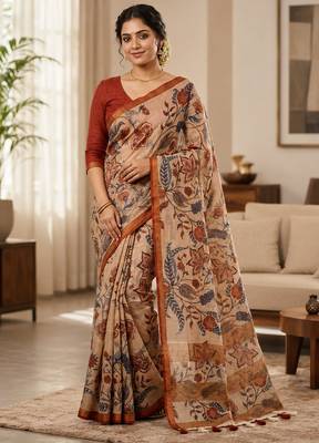 Chiku colour leaf digital printed linen cotton saree with jhalar 3