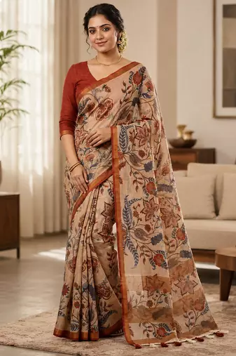 Chiku colour leaf digital printed linen cotton saree with jhalar