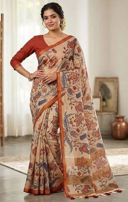 Chiku colour leaf digital printed linen cotton saree with jhalar 4