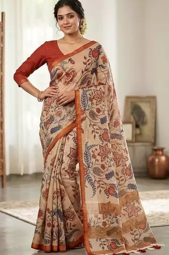 Chiku colour leaf digital printed linen cotton saree with jhalar