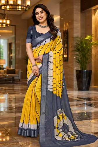 Yellow colour leaf digital printed linen cotton saree