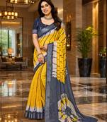 Yellow colour leaf digital printed linen cotton saree