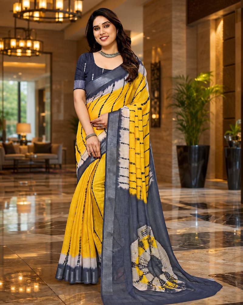 Yellow colour leaf digital printed linen cotton saree