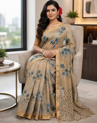 Chiku colour leaf digital printed linen cotton saree with jhalar 2