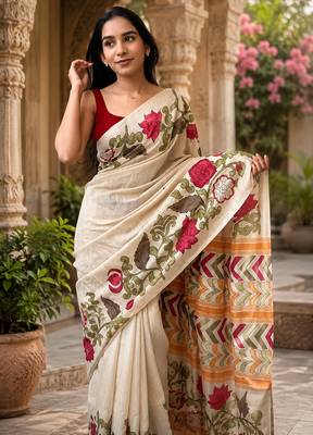 Chiku colour leaf digital printed linen cotton saree 2
