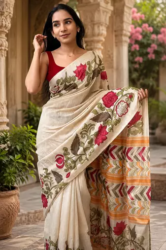 Chiku colour leaf digital printed linen cotton saree