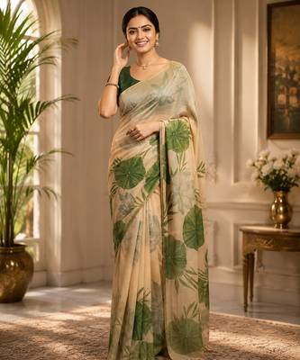 Multiclour colour leaf digital printed linen cotton saree 1