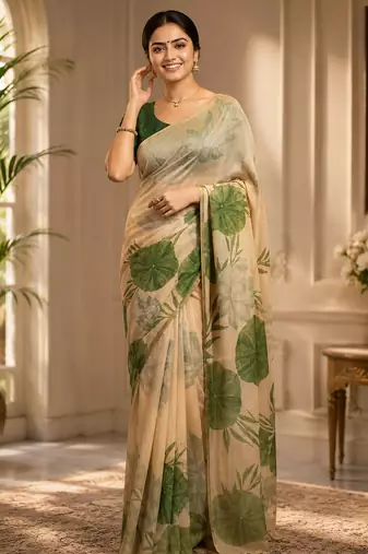 Multiclour colour leaf digital printed linen cotton saree