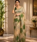 Multiclour colour leaf digital printed linen cotton saree