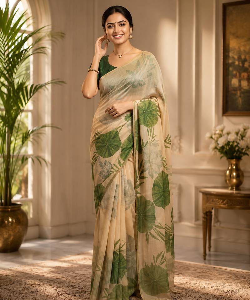 Multiclour colour leaf digital printed linen cotton saree
