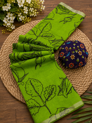 Green colour leaf digital printed linen cotton saree 4