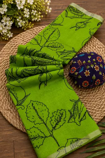 Green colour leaf digital printed linen cotton saree
