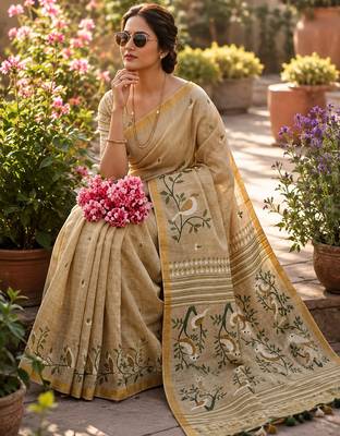 Chiku colour leaf digital printed linen cotton saree with jhalar 3