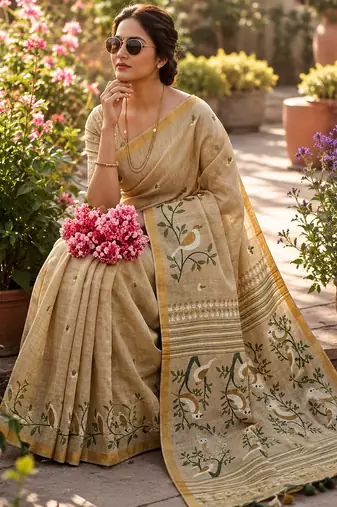 Chiku colour leaf digital printed linen cotton saree with jhalar