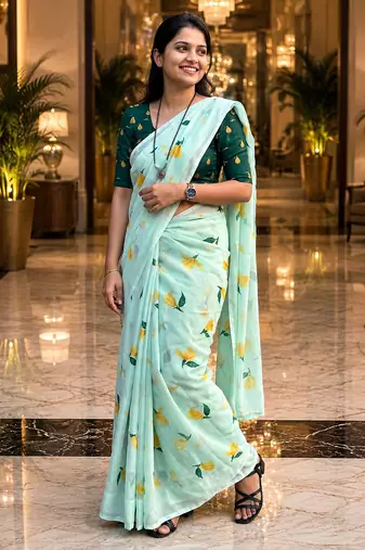 Blue colour leaf digital printed linen cotton saree
