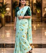 Blue colour leaf digital printed linen cotton saree
