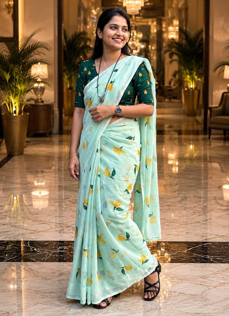 Blue colour leaf digital printed linen cotton saree
