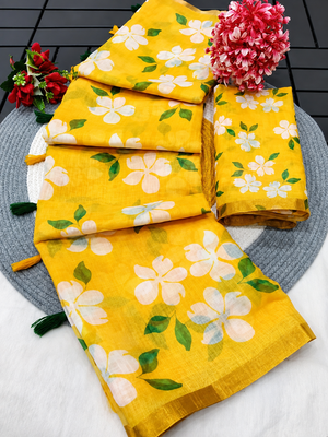 Yellow colour leaf digital printed linen cotton saree with jhalar 4
