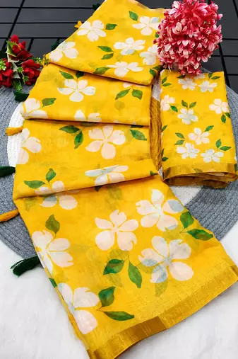 Yellow colour leaf digital printed linen cotton saree with jhalar