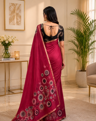 Red colour leaf digital printed linen cotton saree 3