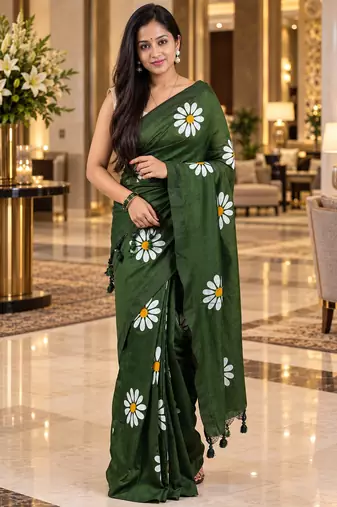 Green colour leaf digital printed linen cotton saree with jhalar