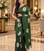 Green colour leaf digital printed linen cotton saree with jhalar