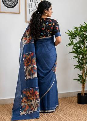 Grey colour leaf digital printed linen cotton saree 2