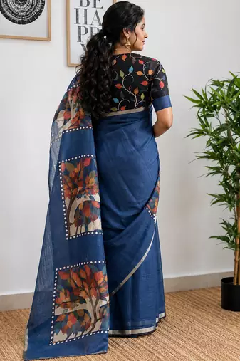 Grey colour leaf digital printed linen cotton saree