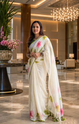 White colour leaf digital printed linen cotton saree 1