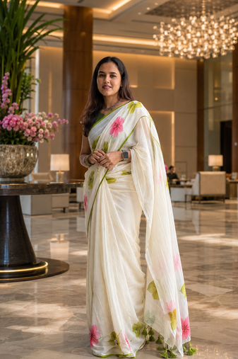 White colour leaf digital printed linen cotton saree