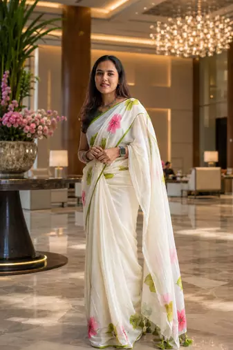 White colour leaf digital printed linen cotton saree