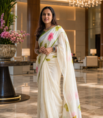 White colour leaf digital printed linen cotton saree