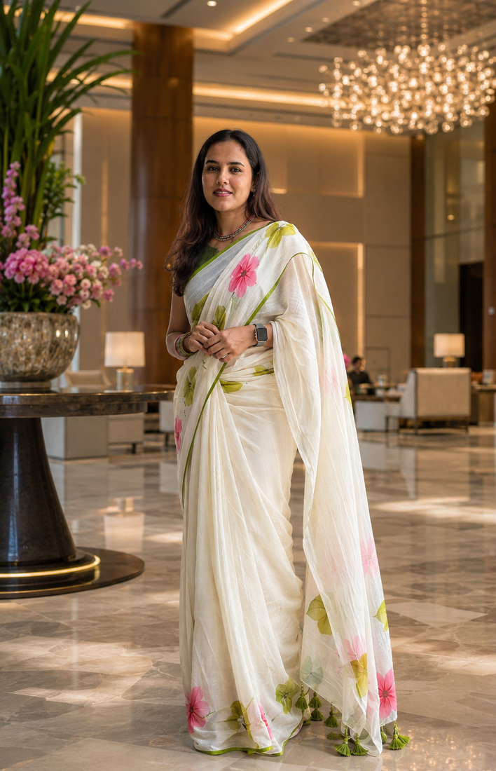 White colour leaf digital printed linen cotton saree
