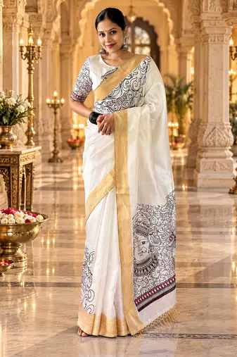 White colour leaf digital printed linen cotton saree