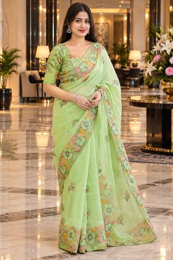 Green colour leaf digital printed linen cotton saree