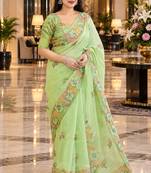 Green colour leaf digital printed linen cotton saree