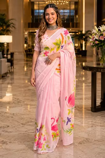 Pink colour leaf digital printed linen cotton saree