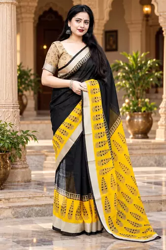 Black colour leaf digital printed linen cotton saree